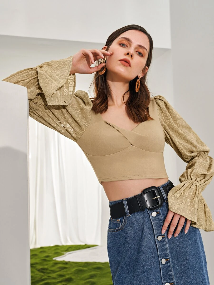 SHEIN Lace Gathered Sleeve Crop Top - Khaki - View 1