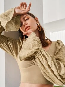 SHEIN Lace Gathered Sleeve Crop Top - Khaki - View 5