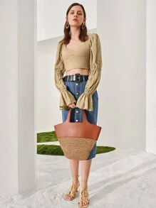 SHEIN Lace Gathered Sleeve Crop Top - Khaki - View 6