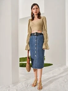 SHEIN Lace Gathered Sleeve Crop Top - Khaki - View 7