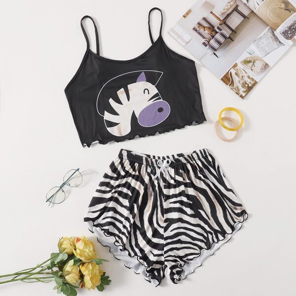 

Cartoon Graphic Cami Pajama Set, Black and white