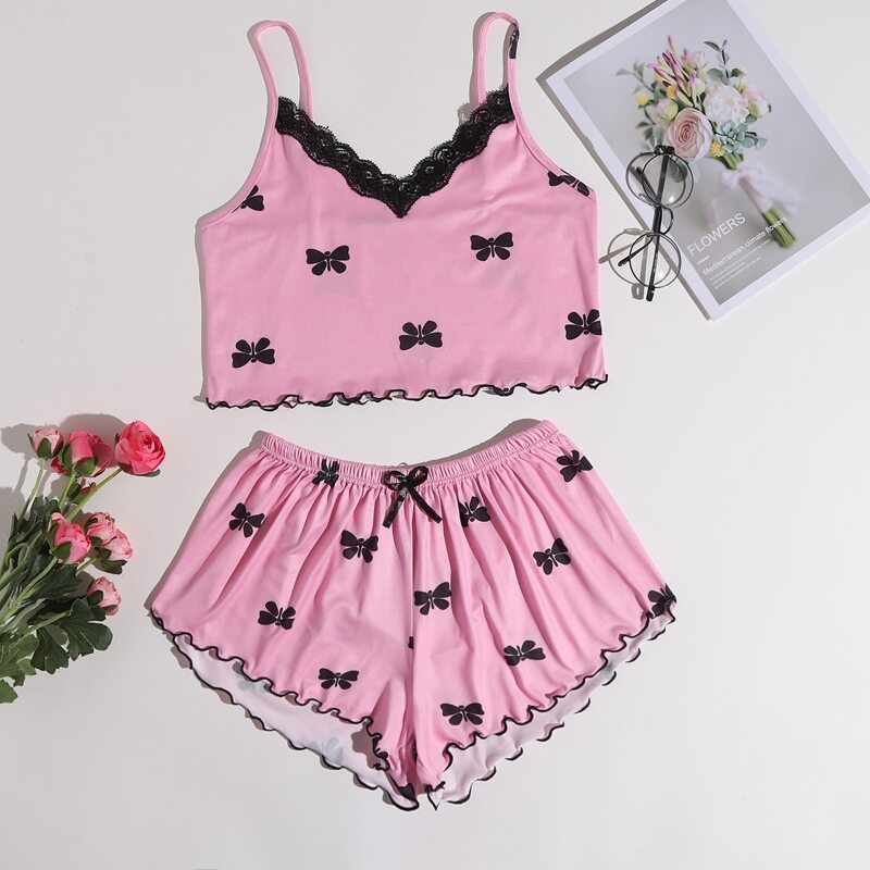 

Butterfly Print Lace Trim Pajama Set, Pink