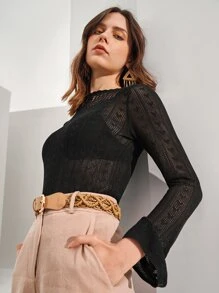 SHEIN Open Knit Sweater Without Bra - Black - View 3