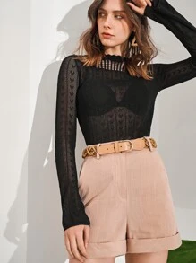 SHEIN Open Knit Sweater Without Bra - Black - View 5