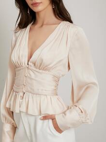MOTF PREMIUM PLUNGE NECK CORSET PEPLUM TOP - Beige - View 3