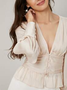 MOTF PREMIUM PLUNGE NECK CORSET PEPLUM TOP - Beige - View 4