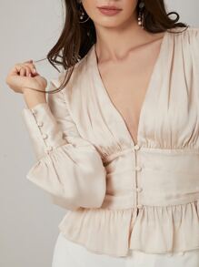 MOTF PREMIUM PLUNGE NECK CORSET PEPLUM TOP - Beige - View 5