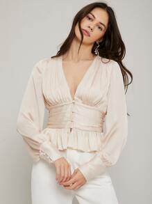 MOTF PREMIUM PLUNGE NECK CORSET PEPLUM TOP - Beige - View 6