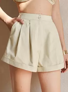 SHEIN 拉鏈門襟傾斜口袋捲邊短褲 - 卡其色 - 查看 1