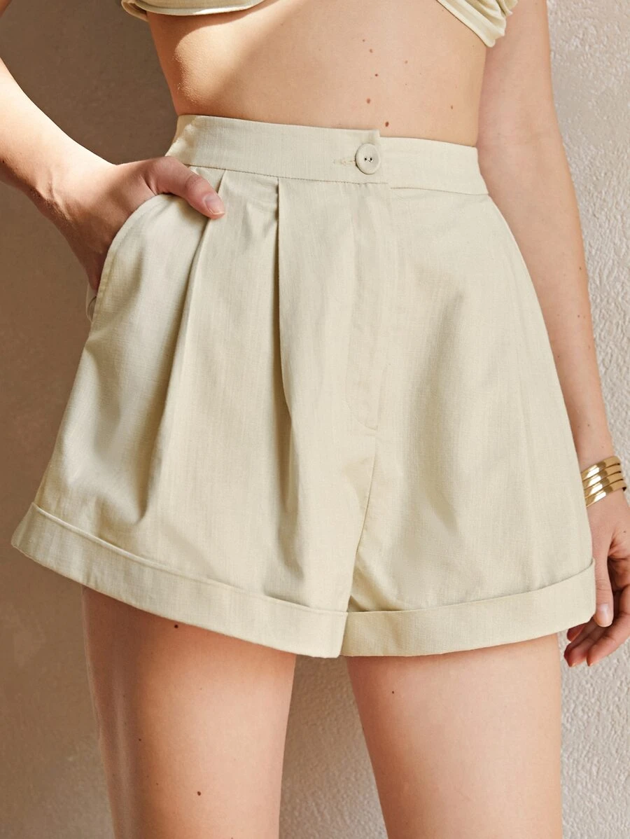 SHEIN 拉鏈門襟傾斜口袋捲邊短褲 - 卡其色 - 查看 1