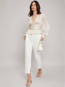 MOTF PREMIUM PLUNGE NECK CORSET PEPLUM TOP - Beige - View 10