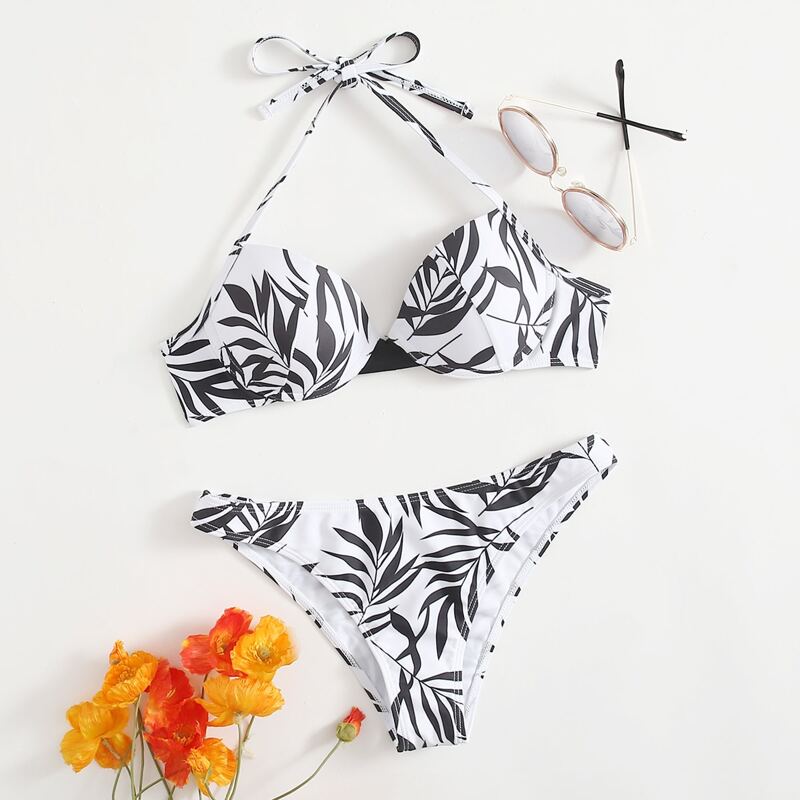 

Leaf Graphic Halter Bikini Swimsuit, Black and white