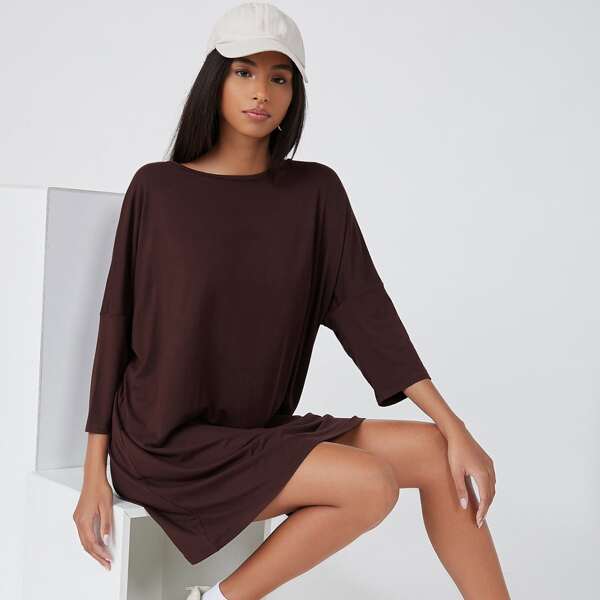 

Drop Shoulder Solid Dress, Coffee brown