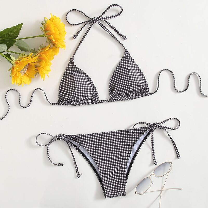 

Gingham Halter Tie Side Bikini Swimsuit, Black and white