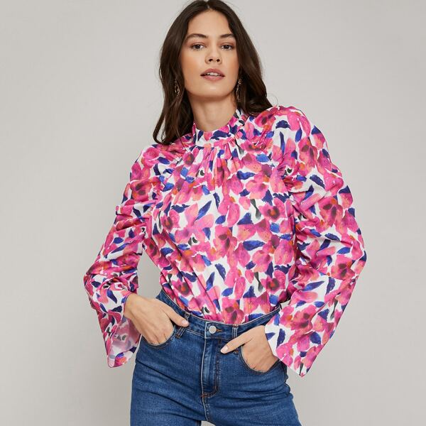 

GATHERED SLEEVE FLORAL TOP, Multicolor
