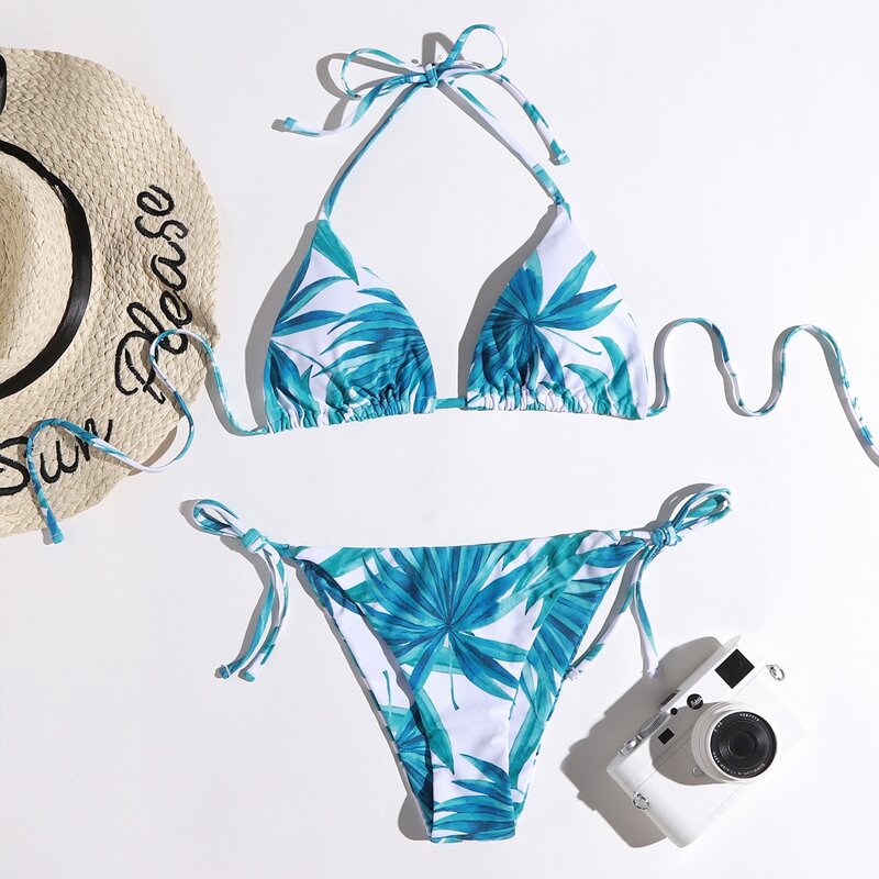 

Leaf Graphic Halter Tie Side Bikini Swimsuit, Multicolor