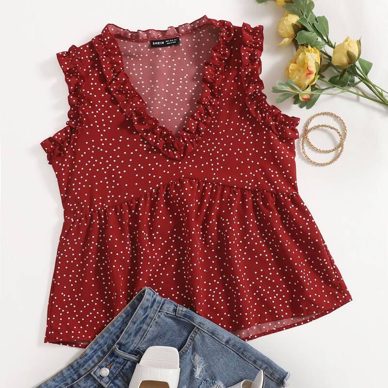 

Frill Trim Dalmatian Print Top, Red