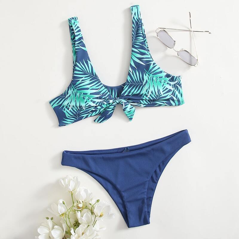 

Leaf Graphic Knot Bikini Swimsuit, Multicolor