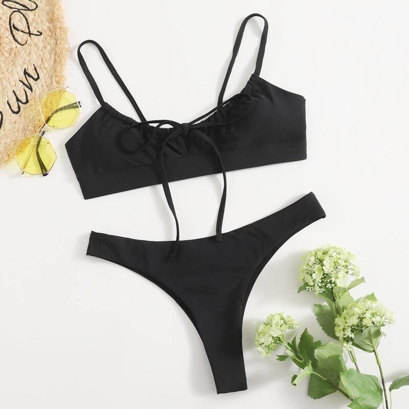 

Solid Tie Front Bikini Swimsuit, Black