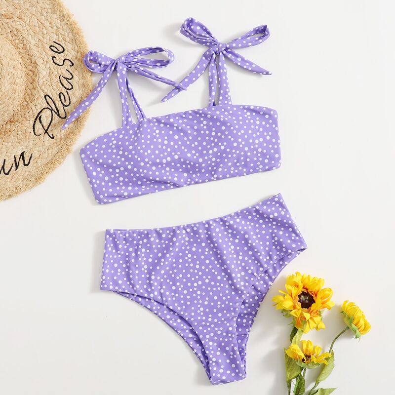

Polka Dot Tie Shoulder Bikini Swimsuit, Purple