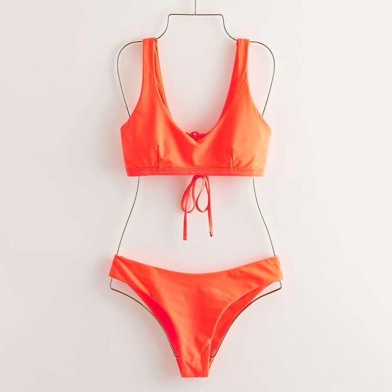 

Solid Lace Up Bikini Swimsuit, Orange
