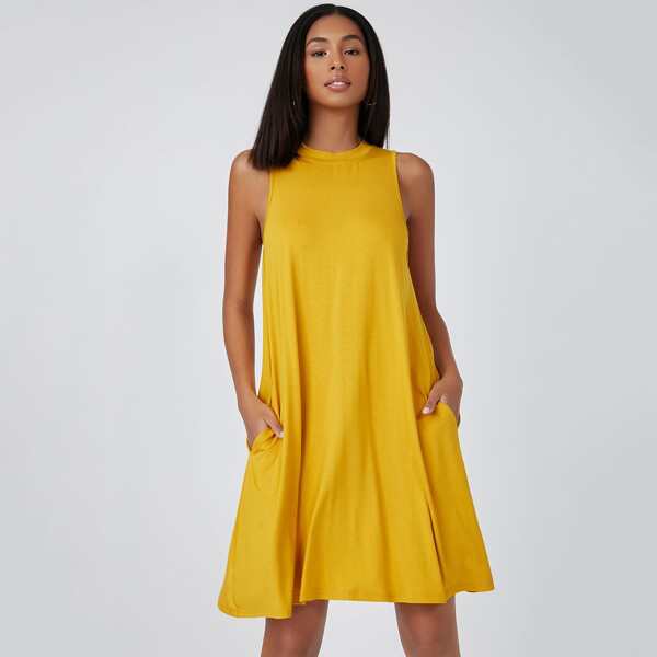 

Pocket Front Solid Dress, Yellow
