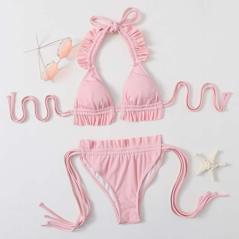 

Solid Frill Halter Tie Side Bikini Swimsuit, Baby pink