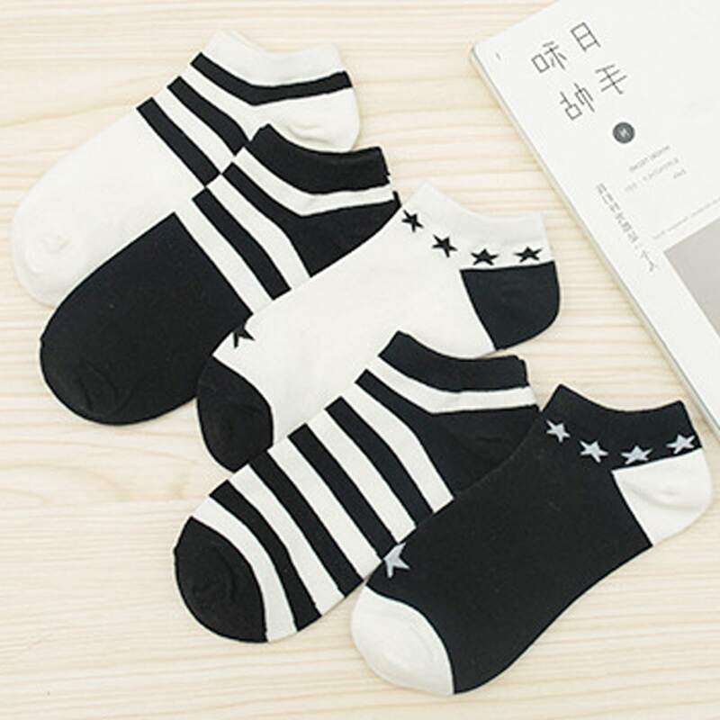 

5pairs Striped & Star Ankle Socks, Black and white