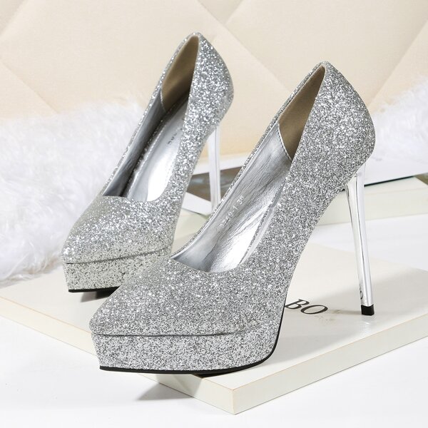 

Glitter Stiletto Heeled Court Pumps, Silver