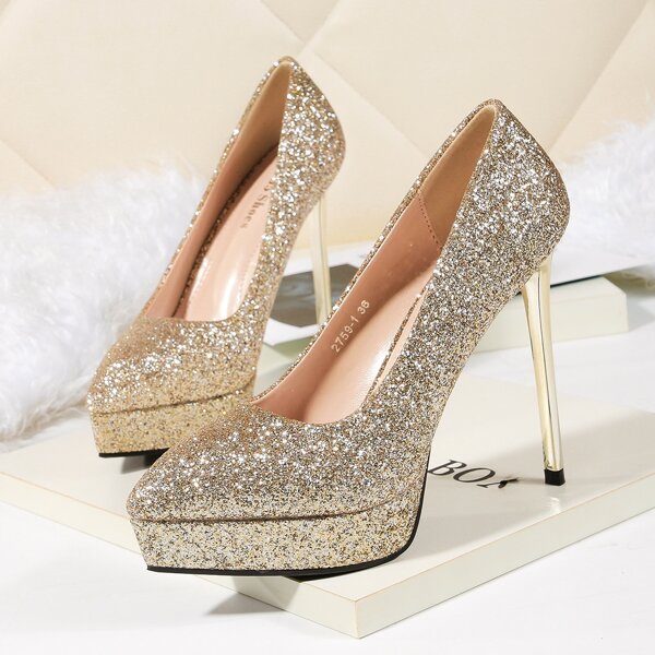 

Glitter Stiletto Heeled Court Pumps, Champagne