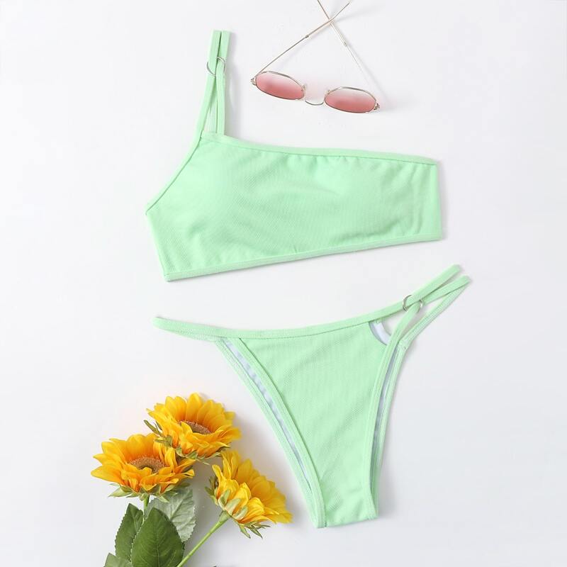 

Solid One Shoulder Ring Decor Bikini Swimsuit, Mint green