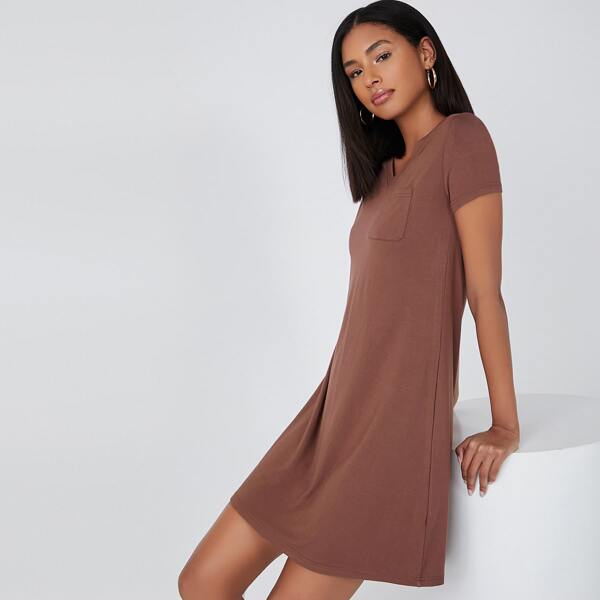 

V-neck Solid Tee Dress, Coffee brown