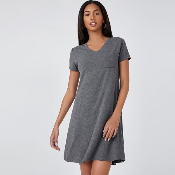 

V-neck Solid Tee Dress, Grey