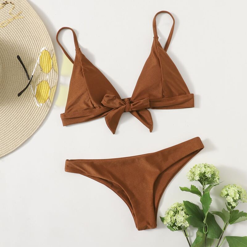 

Solid Triangle Knot Bikini Swimsuit, Coffee brown