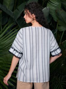 EMERY ROSE 紐扣半開襟球球邊圖案印花上衣 - 彩色 - 查看 2