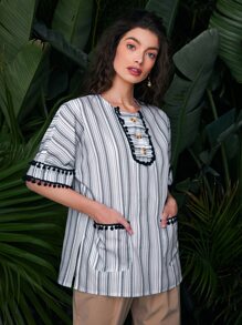 EMERY ROSE 紐扣半開襟球球邊圖案印花上衣 - 彩色 - 查看 5