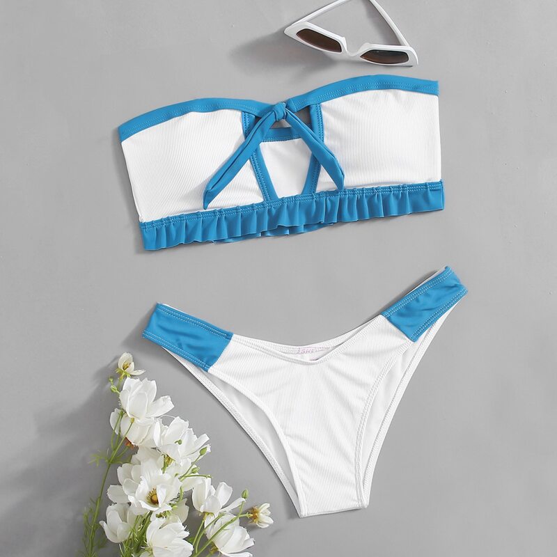 

Colorblock Cut Out Knot Bikini Swimsuit, Blue and white