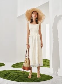 SHEIN Lace Hem Peplum Dress - White - View 3