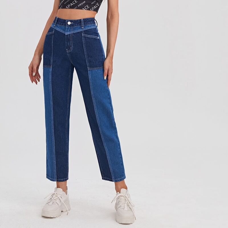 

High Waist Colorblock Straight Leg Jeans, Medium wash