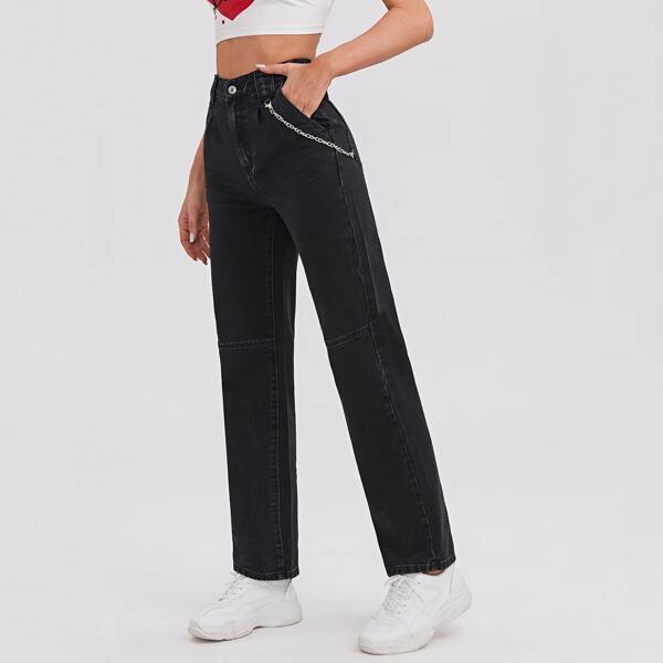 

High Waist Chain Strap Straight Jeans, Black