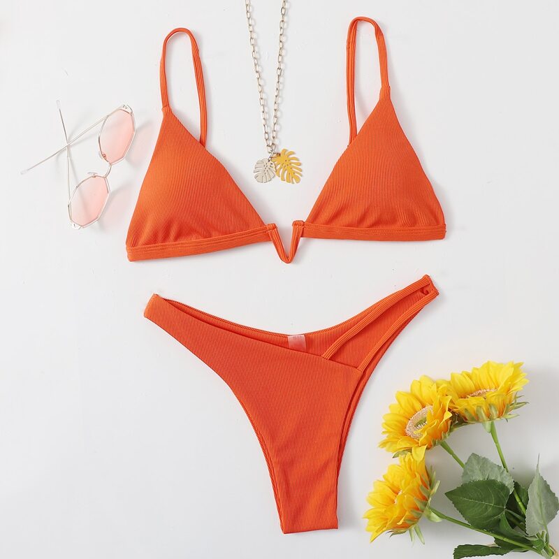 

Solid V Wired Cut Out Bikini Swimsuit, Orange