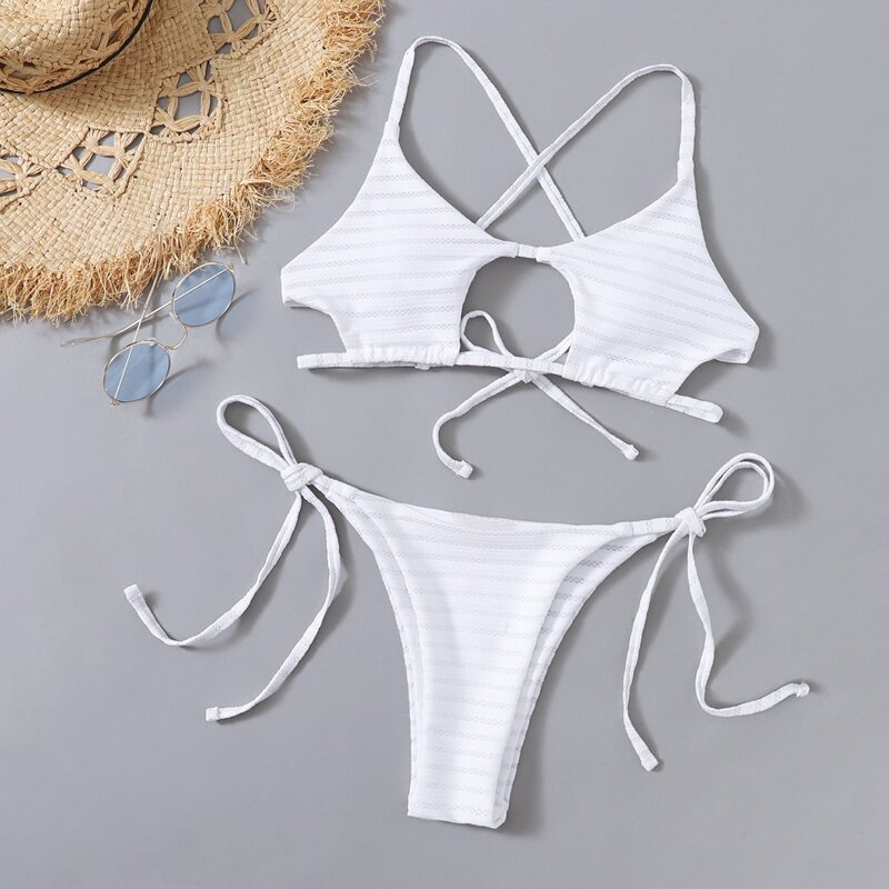 

Cut Out Tie Side Bikini Swimsuit, White