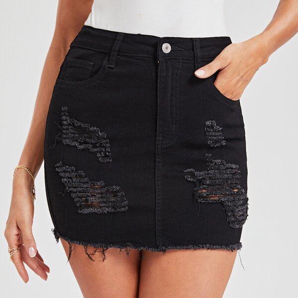 

Ripped Raw Hem Denim Skirt, Black