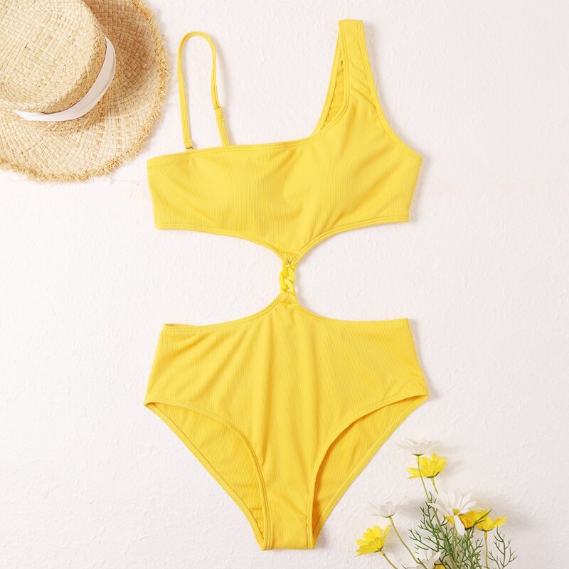 

Solid Cut Out Chain One Piece Swimsuit, Yellow