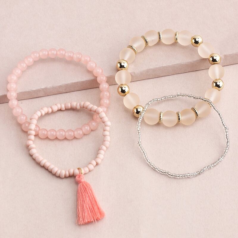 

4pcs Tassel Beaded Bracelet, Pink