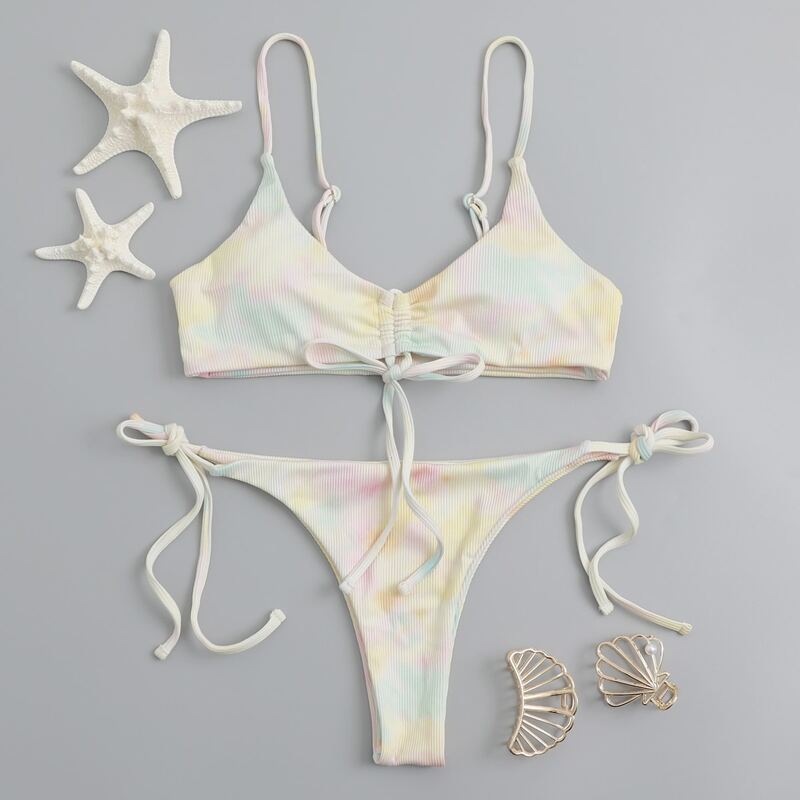 

Tie Dye Drawstring Tie Side Bikini Swimsuit, Multicolor
