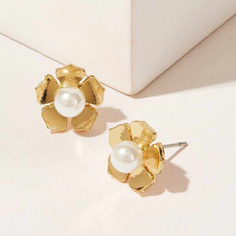 

Faux Pearl Flower Stud Earrings, Gold