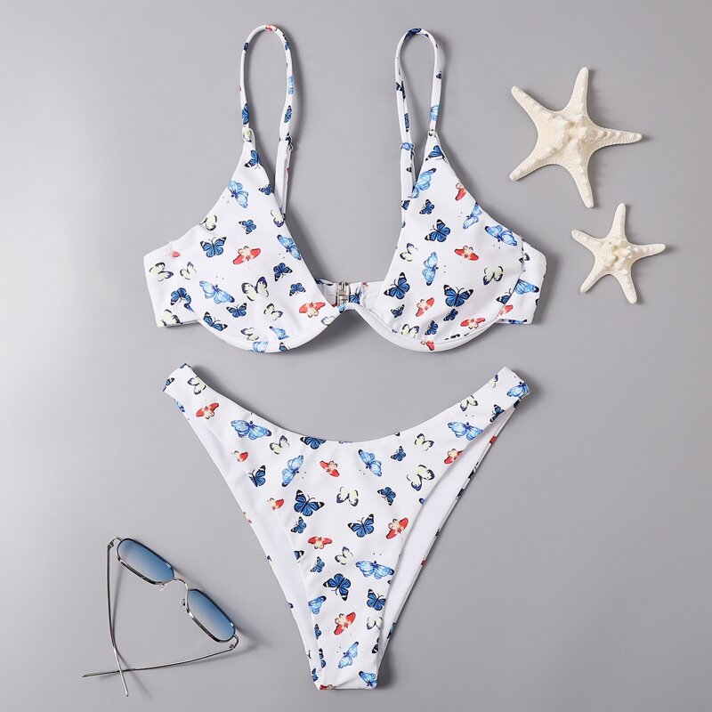 

Butterfly Graphic Push Up High Cut Bikini Swimsuit, White