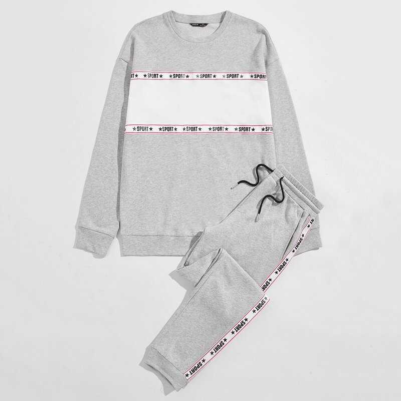 

Guys Letter Tape Two Tone Pullover & Sweatpants Set, Light grey