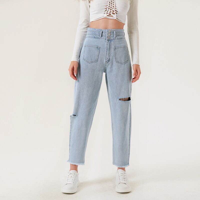 

High Waist Ripped Detail Raw Hem Jeans, Light wash
